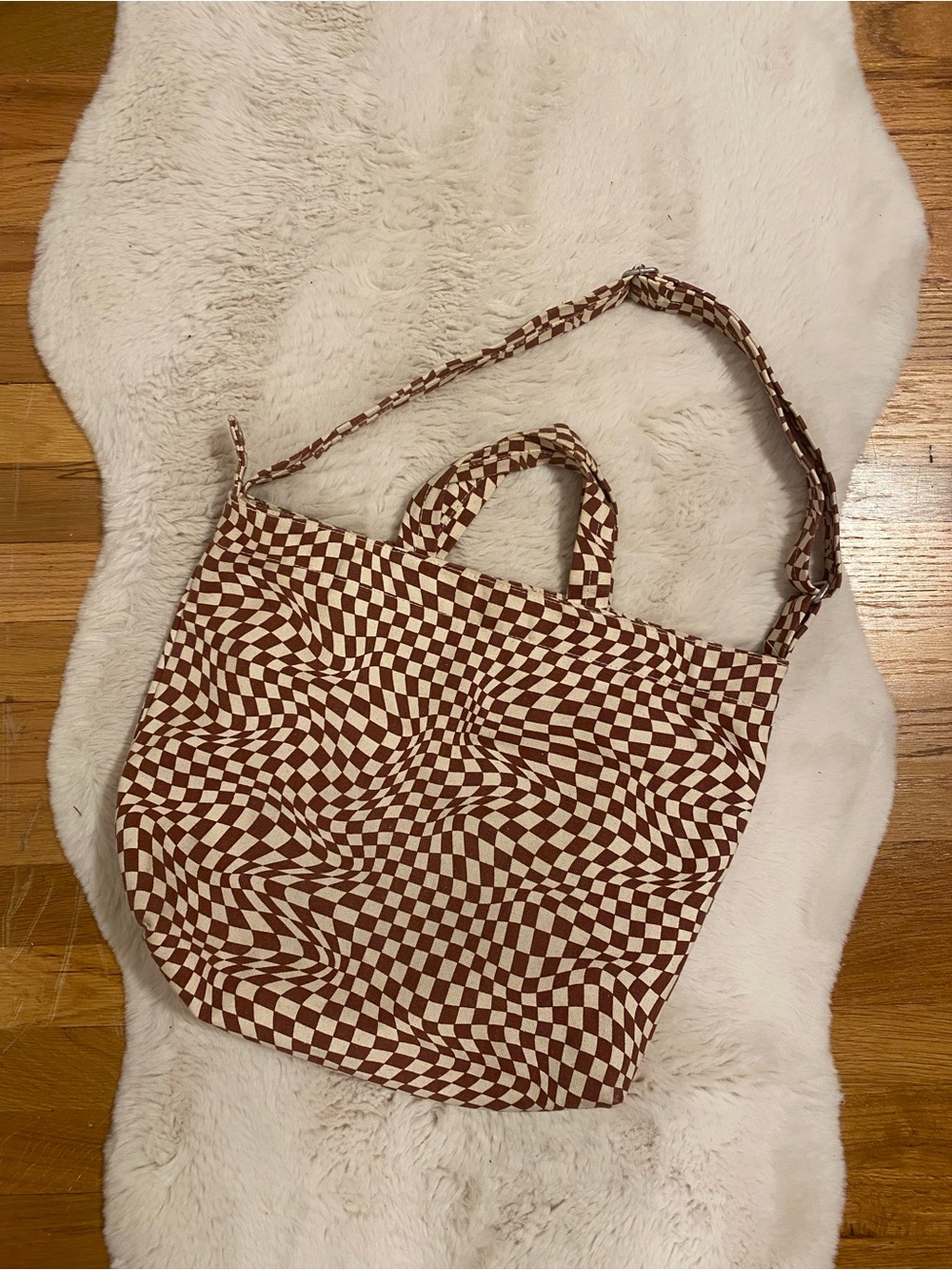 BAGGU Horizontal Duck Bag in Maroon Trippy Checker pattern